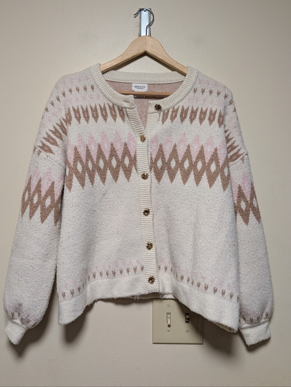 Song of Style Aimee Song Fair Isle Cardigan Medium Cream Pink Brown Cozy Knit
